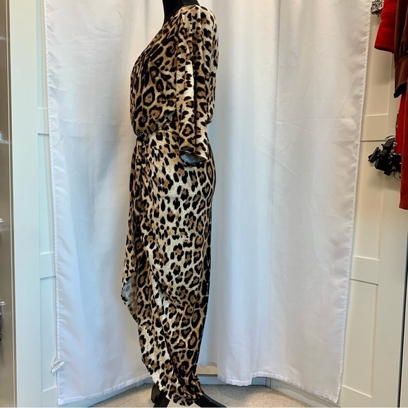 V Neck brown tan Leopard animal Print Asymmetrical maxi wrap Dress Sz M - Picture 7 of 17